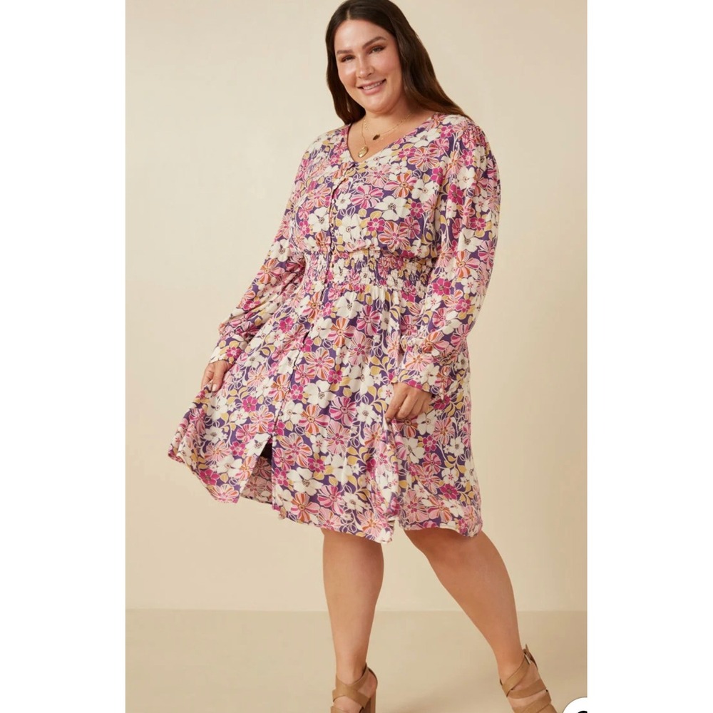 NWT Hayden Los Angeles Floral Print Button Up V Neck‎ Smock Detail Dress 3X 3XL